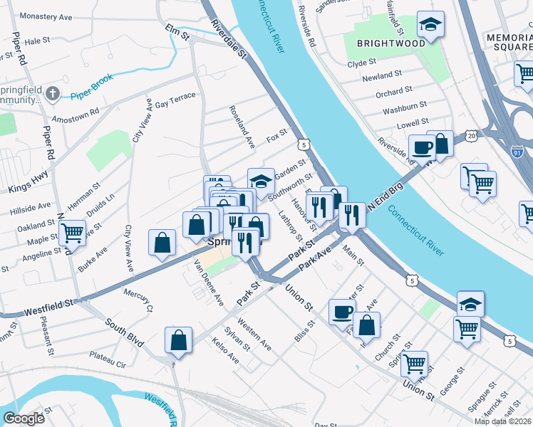 map of restaurants, bars, coffee shops, grocery stores, and more near 115 Southworth Street in West Springfield