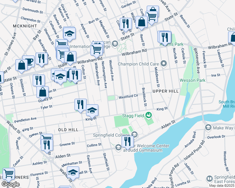 map of restaurants, bars, coffee shops, grocery stores, and more near 133-135 Westford Avenue in Springfield