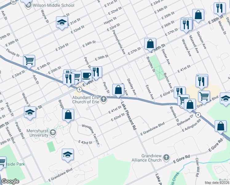 map of restaurants, bars, coffee shops, grocery stores, and more near 3934 Lake Pleasant Road in Erie