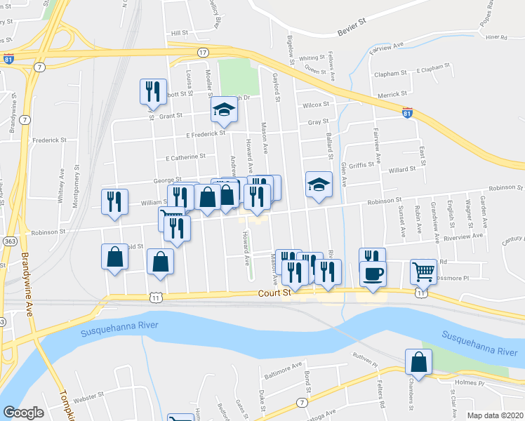 map of restaurants, bars, coffee shops, grocery stores, and more near 217 Robinson Street in Binghamton