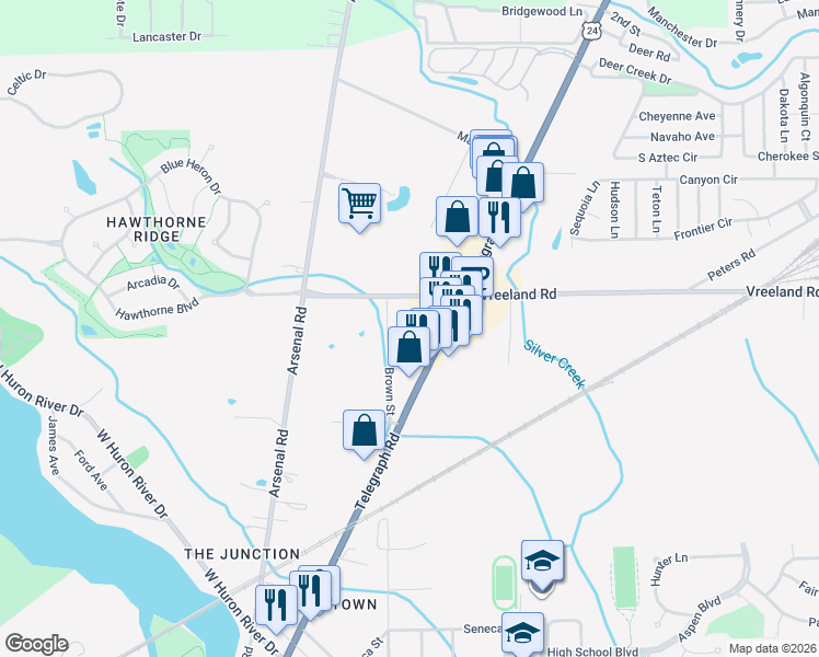 map of restaurants, bars, coffee shops, grocery stores, and more near 27110 Wager Street in Flat Rock