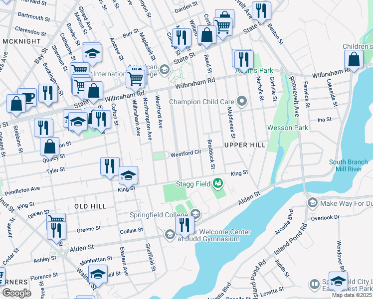 map of restaurants, bars, coffee shops, grocery stores, and more near 54 Westford Circle in Springfield
