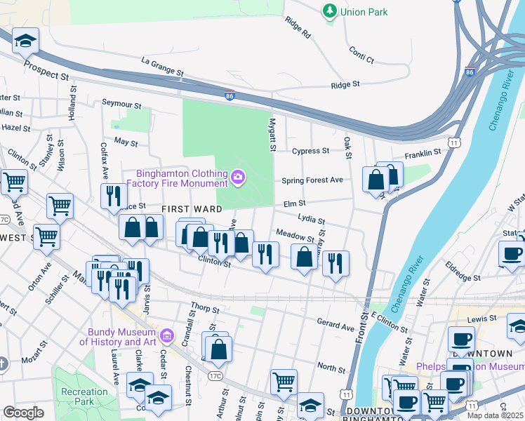 map of restaurants, bars, coffee shops, grocery stores, and more near 59 Elm Street in Binghamton