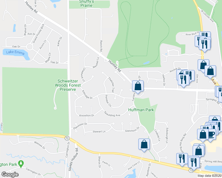 map of restaurants, bars, coffee shops, grocery stores, and more near 1104 Thatcher Trail in West Dundee