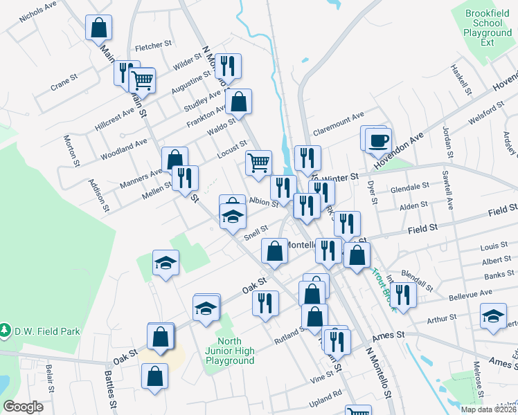 map of restaurants, bars, coffee shops, grocery stores, and more near 44 Clarence Street in Brockton