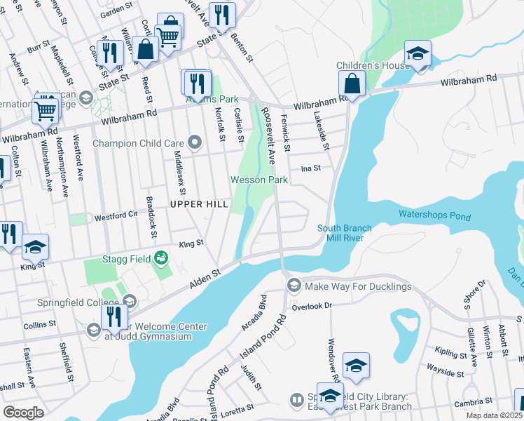 map of restaurants, bars, coffee shops, grocery stores, and more near 76 Northumberland Street in Springfield