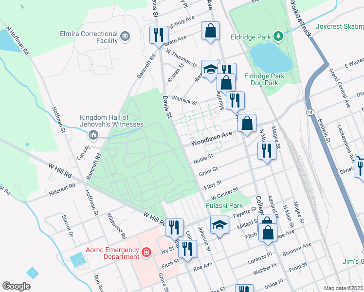map of restaurants, bars, coffee shops, grocery stores, and more near 1250 Davis Street in Elmira
