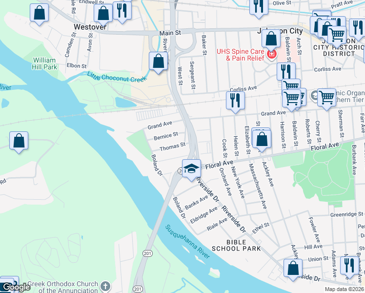 map of restaurants, bars, coffee shops, grocery stores, and more near 60 Thomas Street in Johnson City