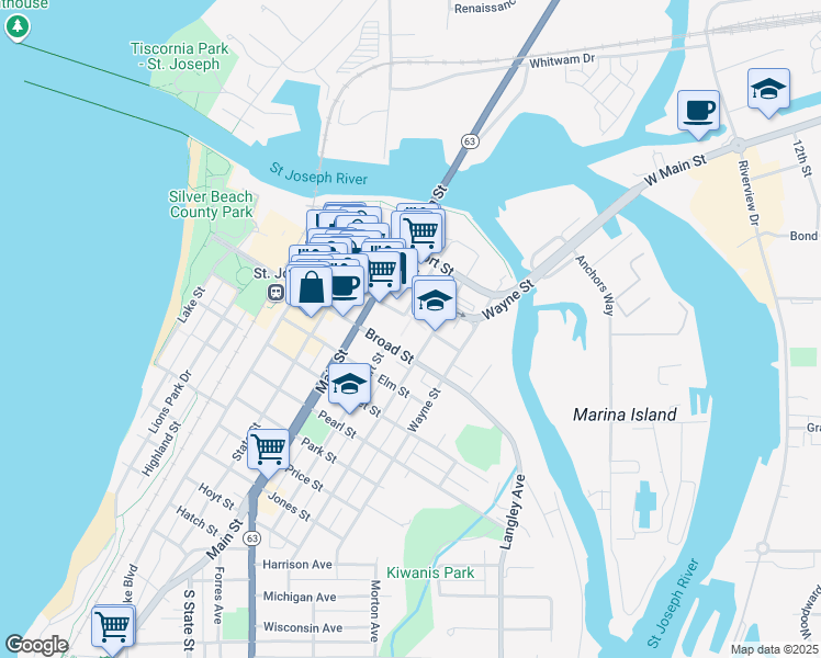 map of restaurants, bars, coffee shops, grocery stores, and more near 721 Pleasant Street in St. Joseph