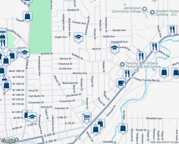 map of restaurants, bars, coffee shops, grocery stores, and more near 191 Newton Avenue in Jamestown