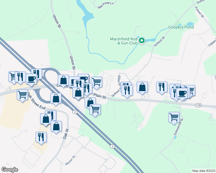 map of restaurants, bars, coffee shops, grocery stores, and more near 4 Royal Dane Drive in Marshfield