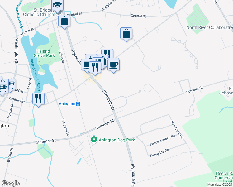 map of restaurants, bars, coffee shops, grocery stores, and more near 67 Belcher Street in Abington