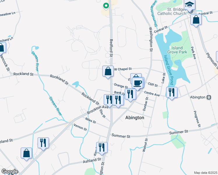 map of restaurants, bars, coffee shops, grocery stores, and more near 135 Bedford Street in Abington