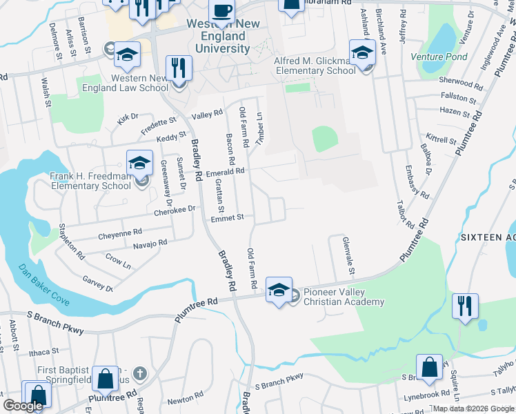 map of restaurants, bars, coffee shops, grocery stores, and more near 149 Old Farm Road in Springfield