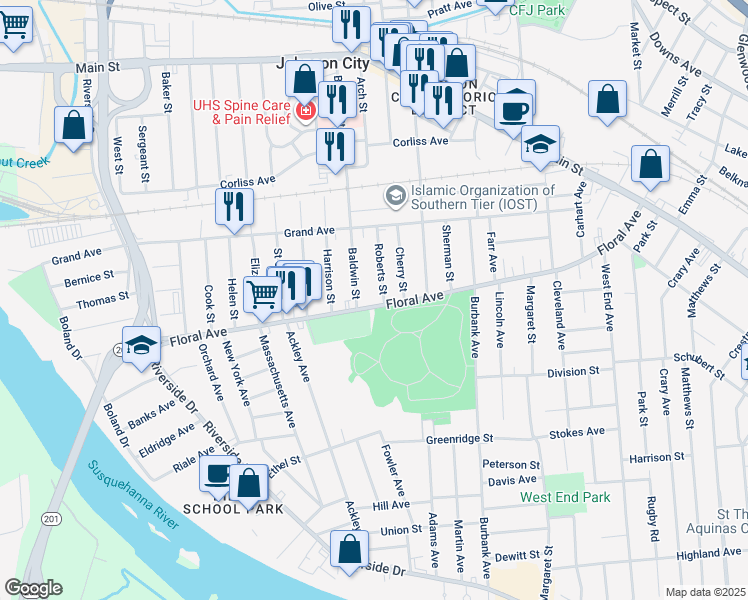 map of restaurants, bars, coffee shops, grocery stores, and more near 251 Baldwin Street in Johnson City