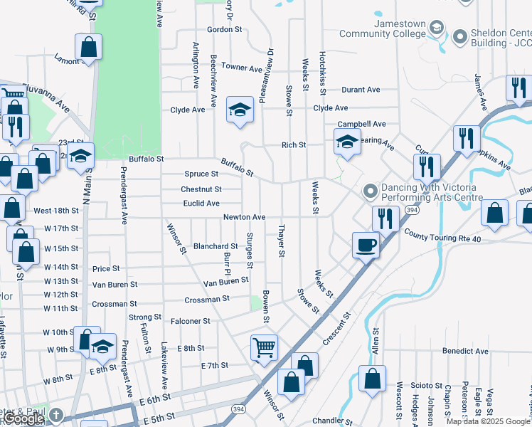 map of restaurants, bars, coffee shops, grocery stores, and more near 191 Newton Avenue in Jamestown