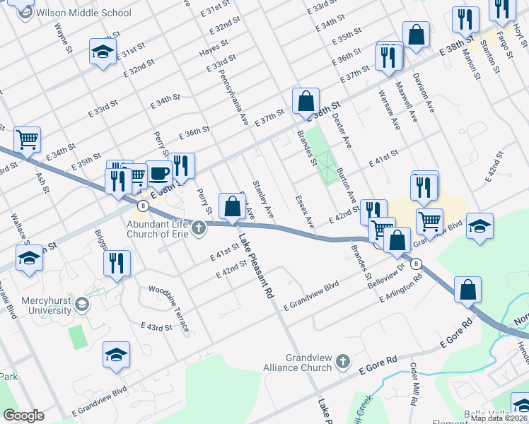 map of restaurants, bars, coffee shops, grocery stores, and more near 4015 Stanley Avenue in Erie