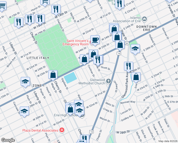 map of restaurants, bars, coffee shops, grocery stores, and more near 2632 Cochran Street in Erie