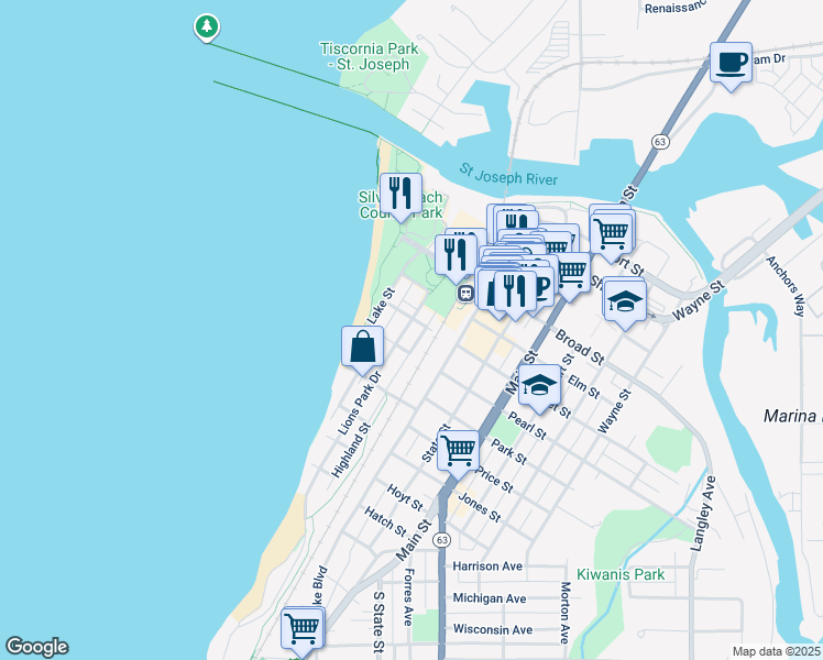 map of restaurants, bars, coffee shops, grocery stores, and more near 610 Lions Park Drive in St. Joseph