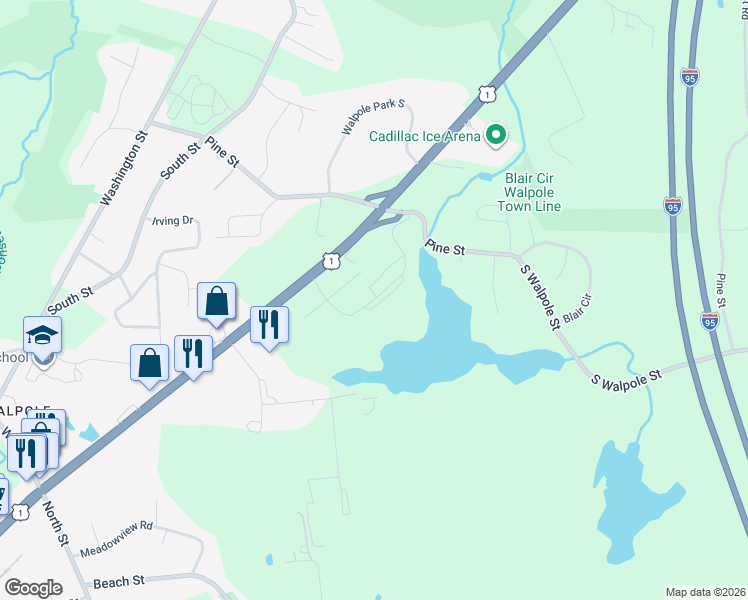 map of restaurants, bars, coffee shops, grocery stores, and more near 632 Hilltop Drive in Walpole