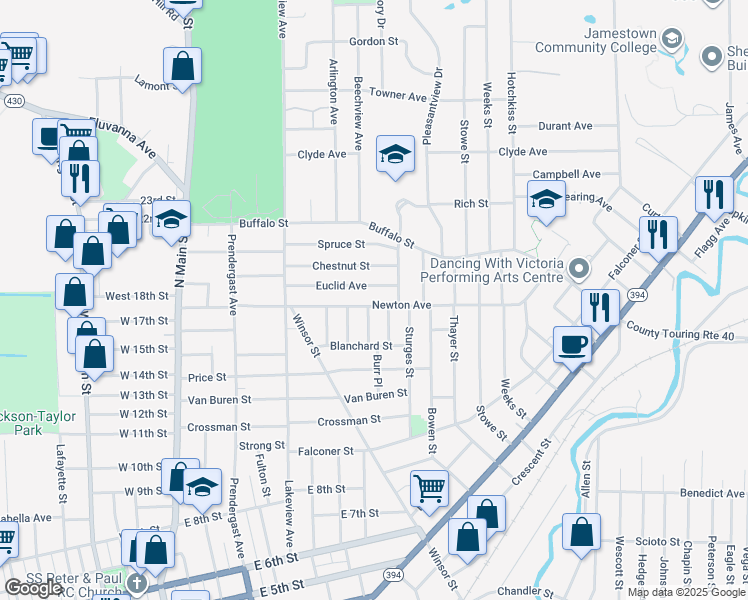 map of restaurants, bars, coffee shops, grocery stores, and more near 127 Newton Avenue in Jamestown