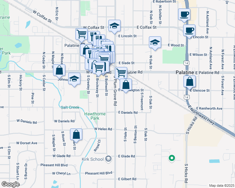 map of restaurants, bars, coffee shops, grocery stores, and more near 109 South Plum Grove Road in Palatine