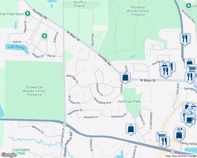 map of restaurants, bars, coffee shops, grocery stores, and more near 1104 Thatcher Trail in West Dundee