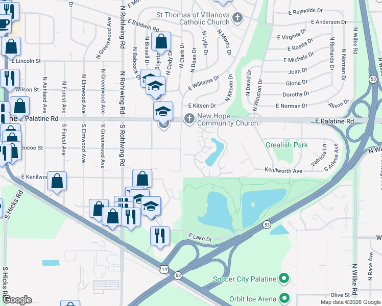 map of restaurants, bars, coffee shops, grocery stores, and more near 80 South Stonington Drive in Palatine