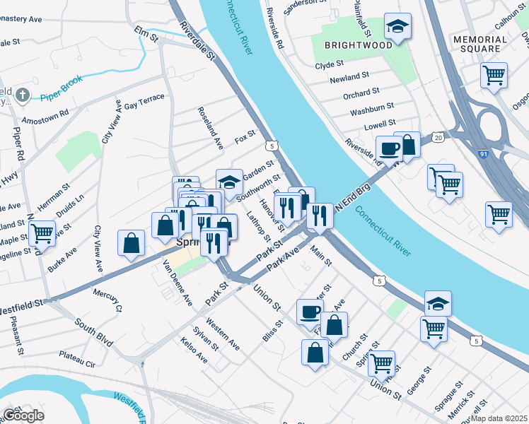map of restaurants, bars, coffee shops, grocery stores, and more near 56 Hanover Street in West Springfield