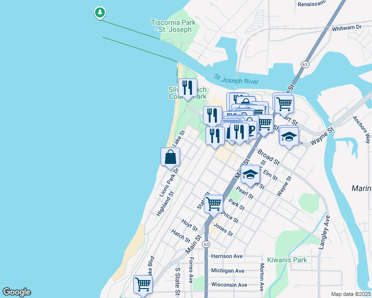 map of restaurants, bars, coffee shops, grocery stores, and more near 610 Lions Park Drive in St. Joseph