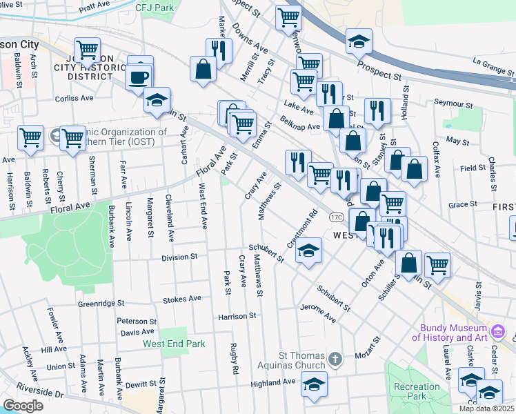 map of restaurants, bars, coffee shops, grocery stores, and more near 81 Grand Boulevard in Binghamton