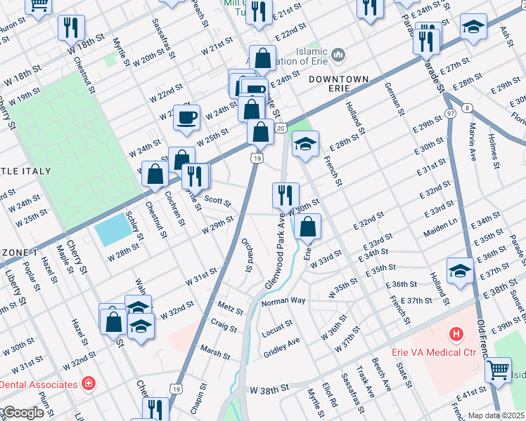 map of restaurants, bars, coffee shops, grocery stores, and more near 128 Moorehead Street in Erie