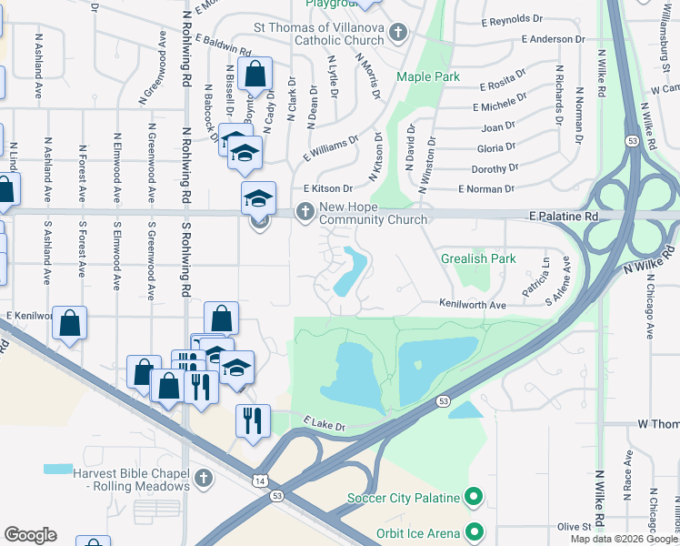 map of restaurants, bars, coffee shops, grocery stores, and more near 83-99 South Stonington Drive in Palatine