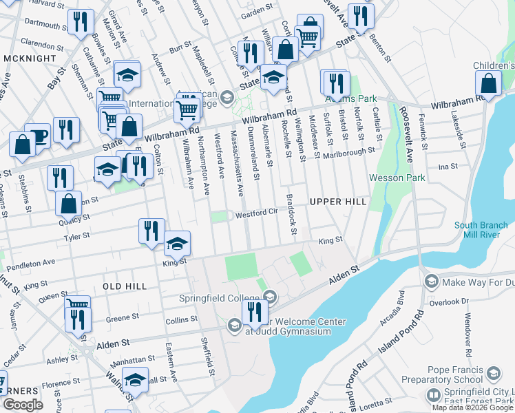 map of restaurants, bars, coffee shops, grocery stores, and more near 54 Westford Circle in Springfield
