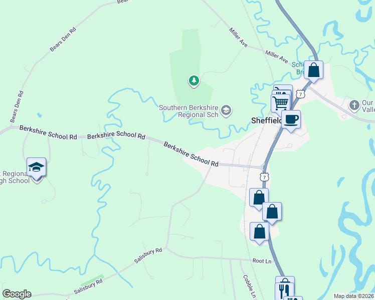 map of restaurants, bars, coffee shops, grocery stores, and more near 166 Berkshire School Road in Sheffield