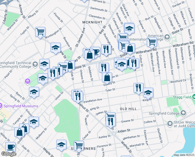 map of restaurants, bars, coffee shops, grocery stores, and more near 582 Union St in Springfield