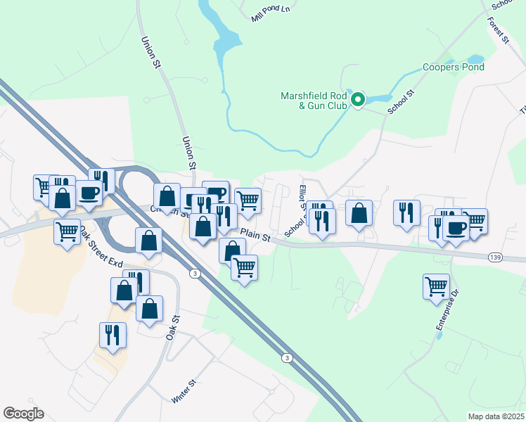 map of restaurants, bars, coffee shops, grocery stores, and more near 4 Royal Dane Drive in Marshfield
