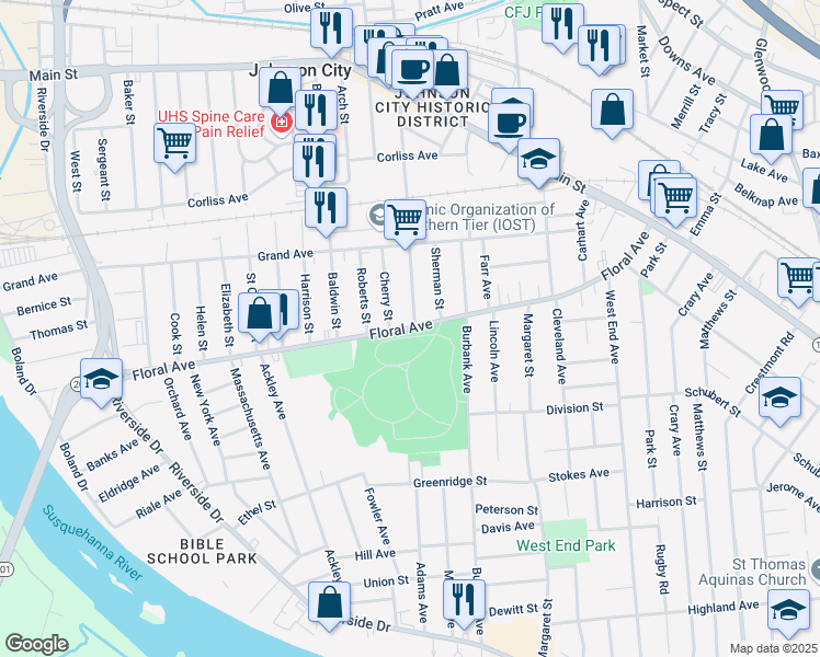 map of restaurants, bars, coffee shops, grocery stores, and more near Floral Avenue in Johnson City