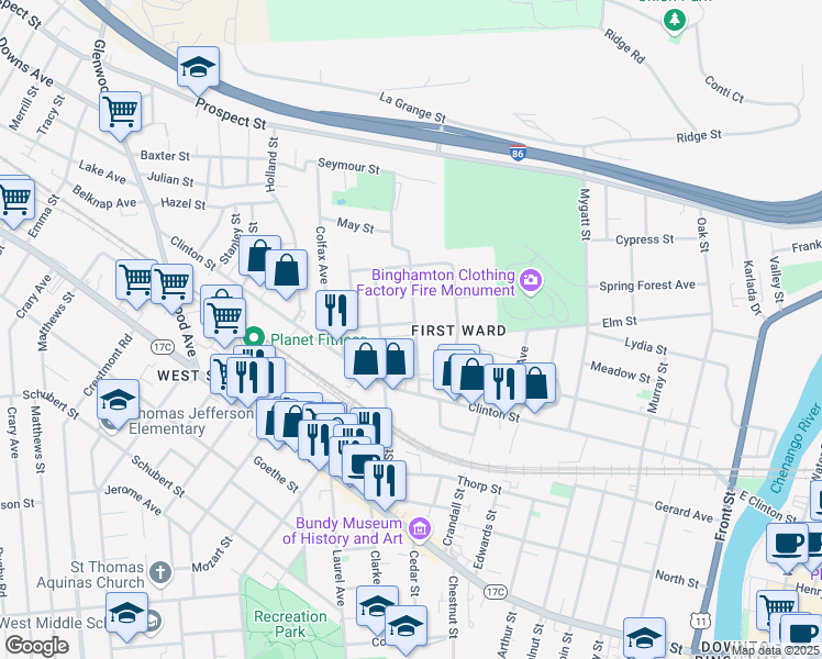 map of restaurants, bars, coffee shops, grocery stores, and more near 37 Grace Street in Binghamton