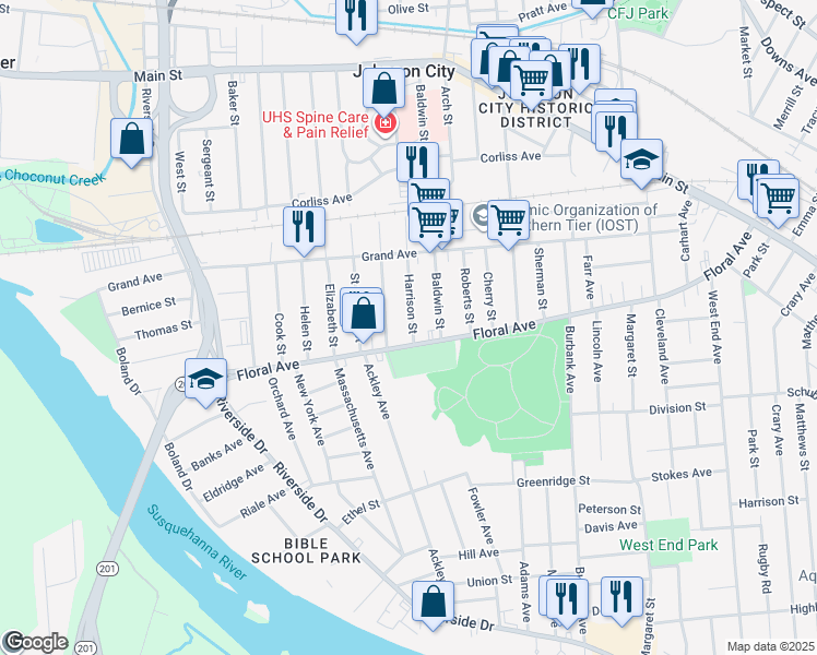map of restaurants, bars, coffee shops, grocery stores, and more near 244 Harrison Street in Johnson City