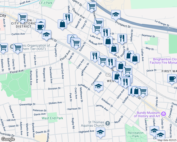 map of restaurants, bars, coffee shops, grocery stores, and more near 72 Grand Blvd in Binghamton