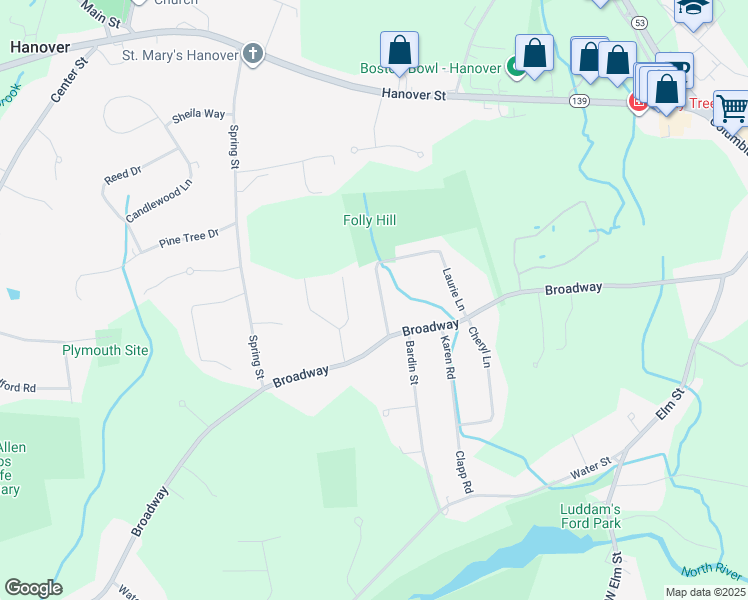 map of restaurants, bars, coffee shops, grocery stores, and more near 163 Laurie Lane in Hanover