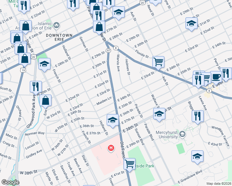 map of restaurants, bars, coffee shops, grocery stores, and more near 313 East 33rd Street in Erie