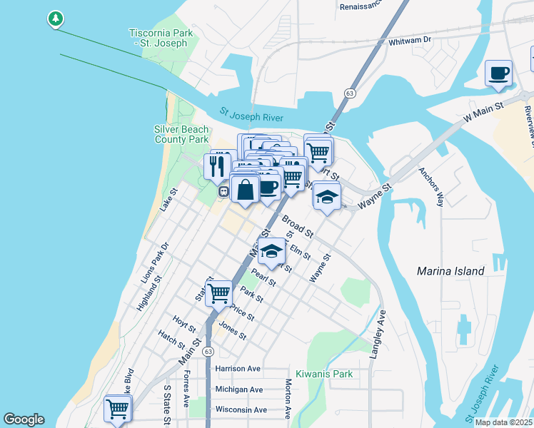 map of restaurants, bars, coffee shops, grocery stores, and more near 400 State Street in St. Joseph