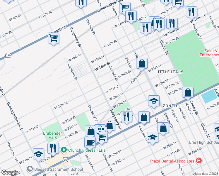 map of restaurants, bars, coffee shops, grocery stores, and more near 1036 West 21st Street in Erie