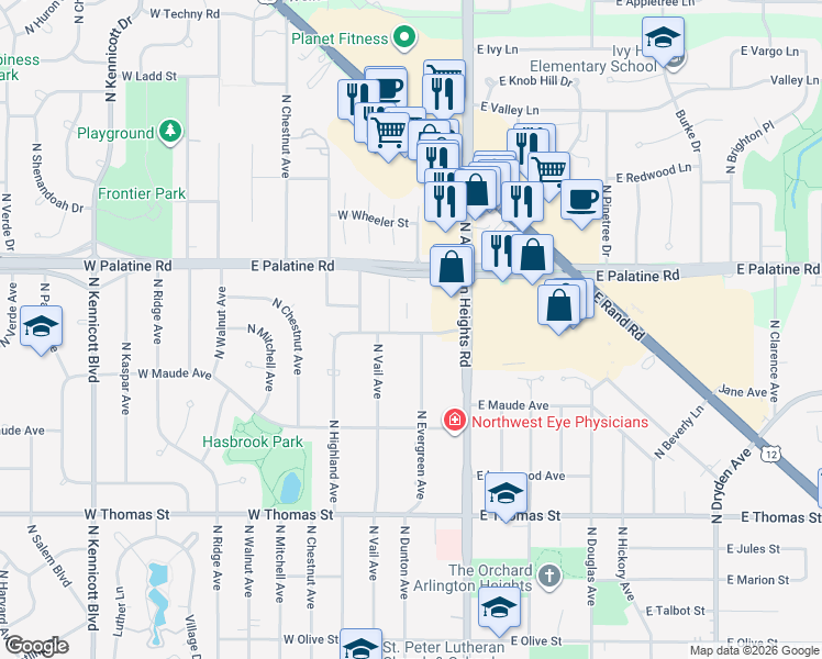 map of restaurants, bars, coffee shops, grocery stores, and more near 15 East Lillian Avenue in Arlington Heights