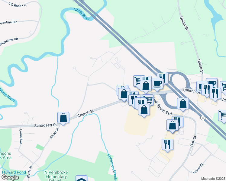 map of restaurants, bars, coffee shops, grocery stores, and more near 41 Cross Street in Pembroke