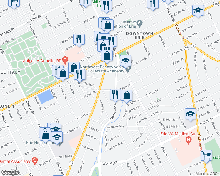 map of restaurants, bars, coffee shops, grocery stores, and more near 120 Moorehead Street in Erie