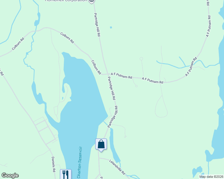 map of restaurants, bars, coffee shops, grocery stores, and more near 166 Partridge Hill Road in Charlton