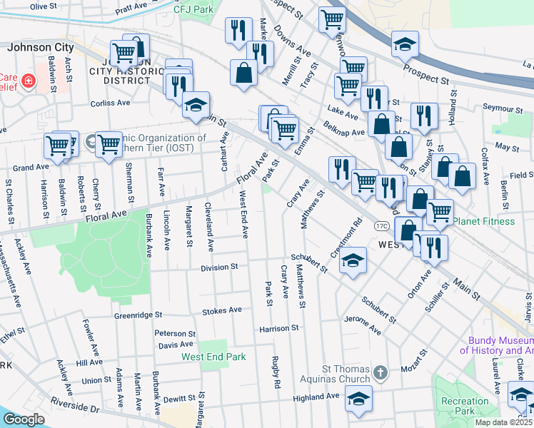 map of restaurants, bars, coffee shops, grocery stores, and more near 76 Park Street in Binghamton